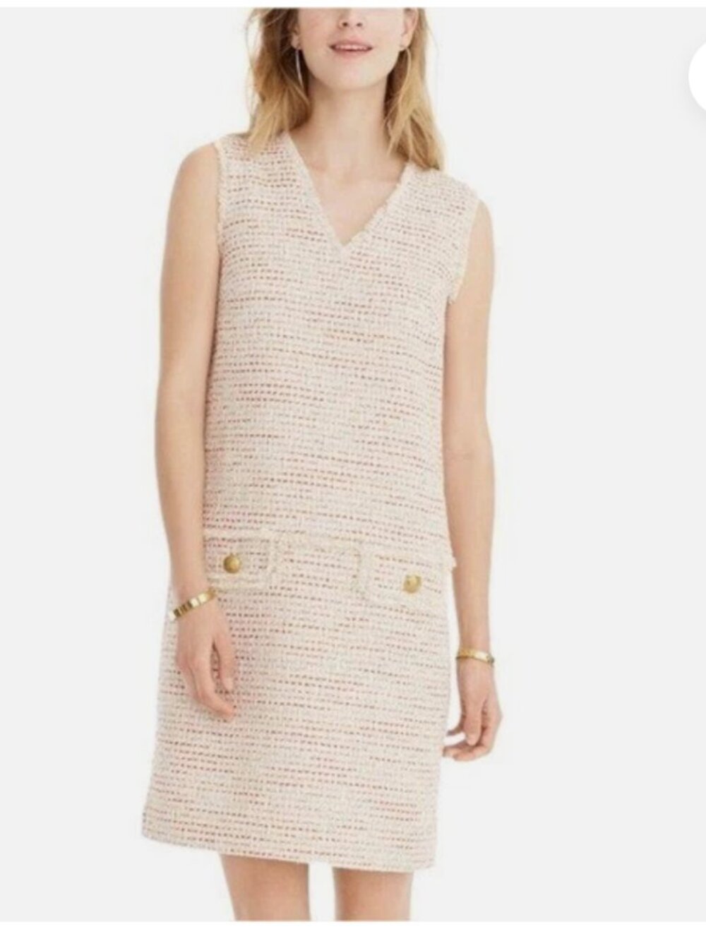 J. Crew Tweed Fringe Shift Dress Gold Button red pink white cream short 8